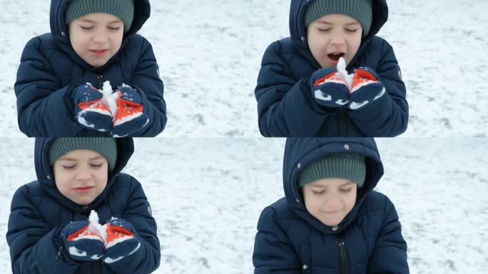 小孩子在冬天玩雪，吹雪花，慢动作