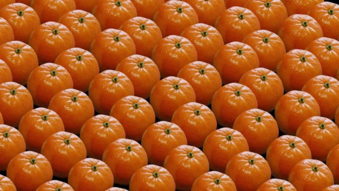 鲜亮多汁的橘子。背景是成熟而健康的水果。等角投影。橙色素食背景。