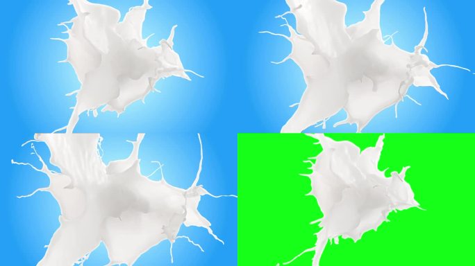 牛奶或酸奶液体飞溅，3D动画绿屏和蓝色背景