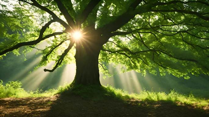 大自然 森林 阳光透过树叶 清新空气