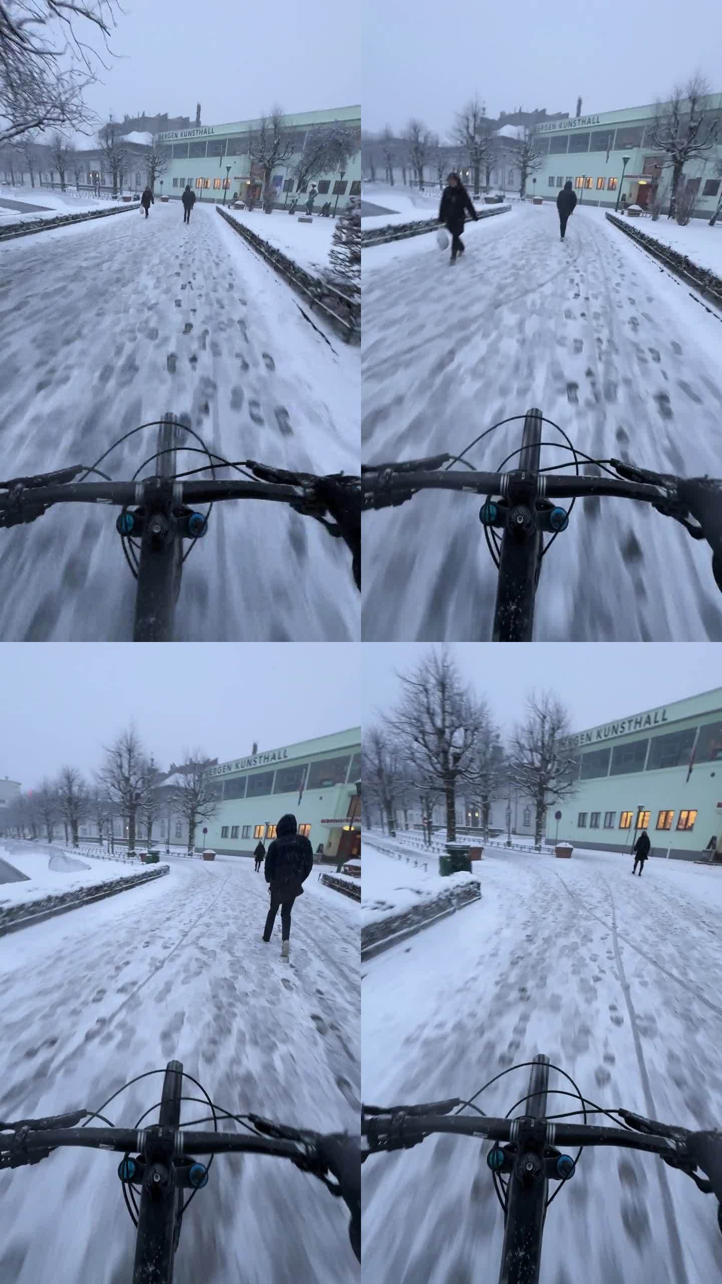 在挪威卑尔根的暴风雪中，POV骑自行车