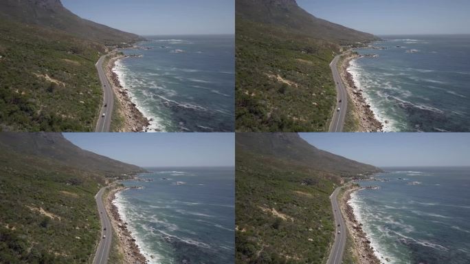 沿着岩石海岸，沿着南非开普敦十二使徒山的道路。无人机航拍