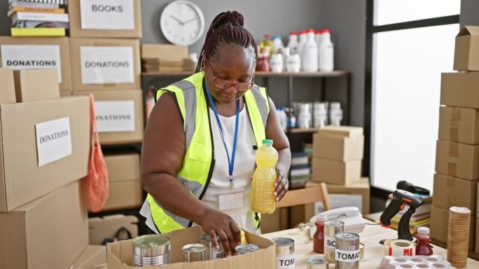 在社区中心，一名微笑的非裔美国妇女志愿服务，将食物装进纸板箱，用于慈善捐赠