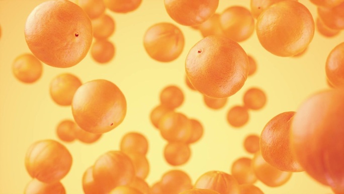 多汁的橙子漂浮在橙色的背景下