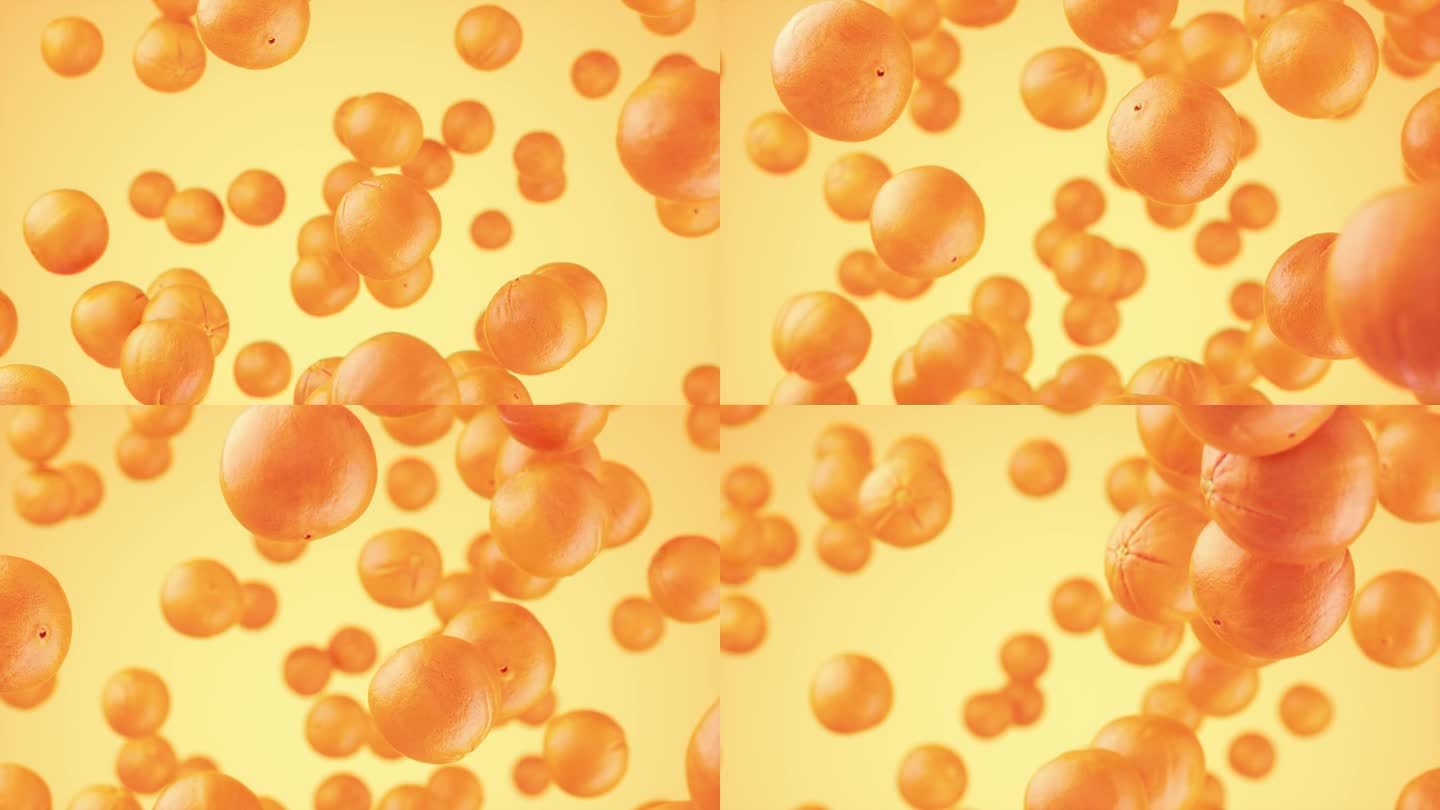 多汁的橙子漂浮在橙色的背景下