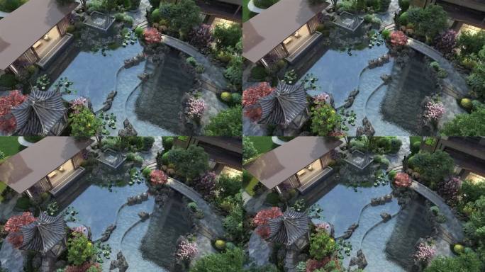俯瞰国风小区中庭水景动画素材