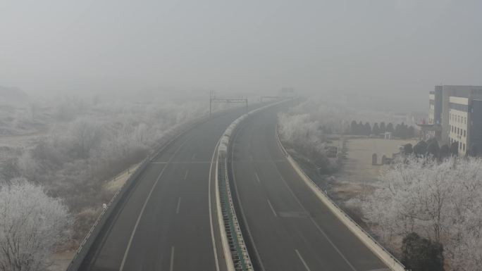航拍大雾雾凇雪松