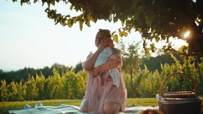 夏日里，一位慈爱的母亲跪在公园的野餐毯上抱着小男孩