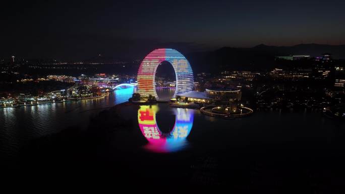 浙江湖州月亮广场月亮湾夜晚航拍