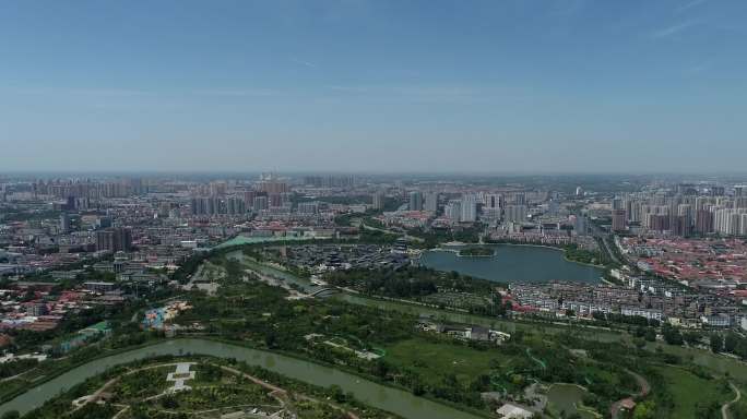 沧州高空俯视城市公园地标石狮子航拍