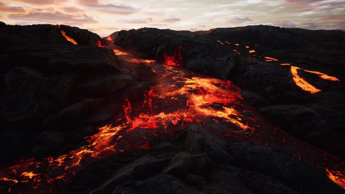 火山爆发火山岩浆流淌