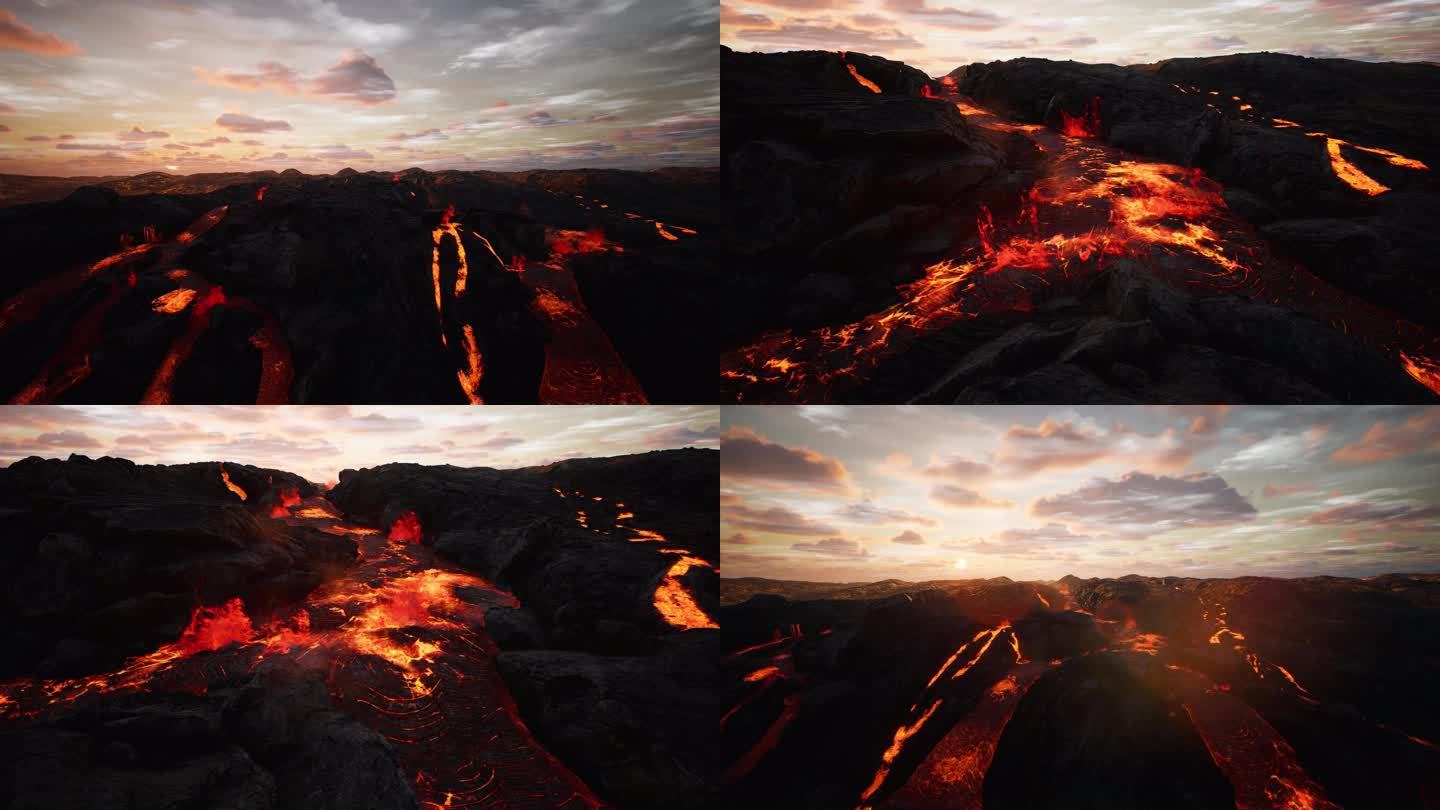 火山爆发火山岩浆流淌