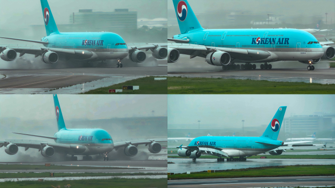 巨无霸A380雨中降落疯狂“吹水”场面