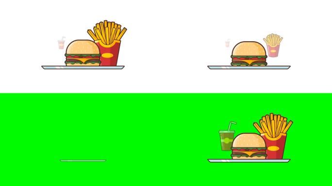 食物菜单，汉堡，炸薯条和软饮料的动画插图。