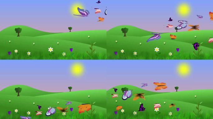 夏季环境动画与蝴蝶和田野，平面图形卡通背景