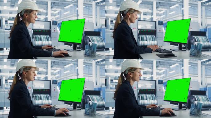 一名白人女性软件开发人员在一家工厂的台式电脑上工作，电脑上显示的是绿屏铬色。技术研发办公室监控生产