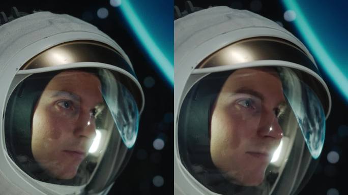 垂直屏幕:男性太空探险家在太空旅行，发现我们宇宙的深处。一个戴着头盔的年轻男子的特写镜头，从太空中看