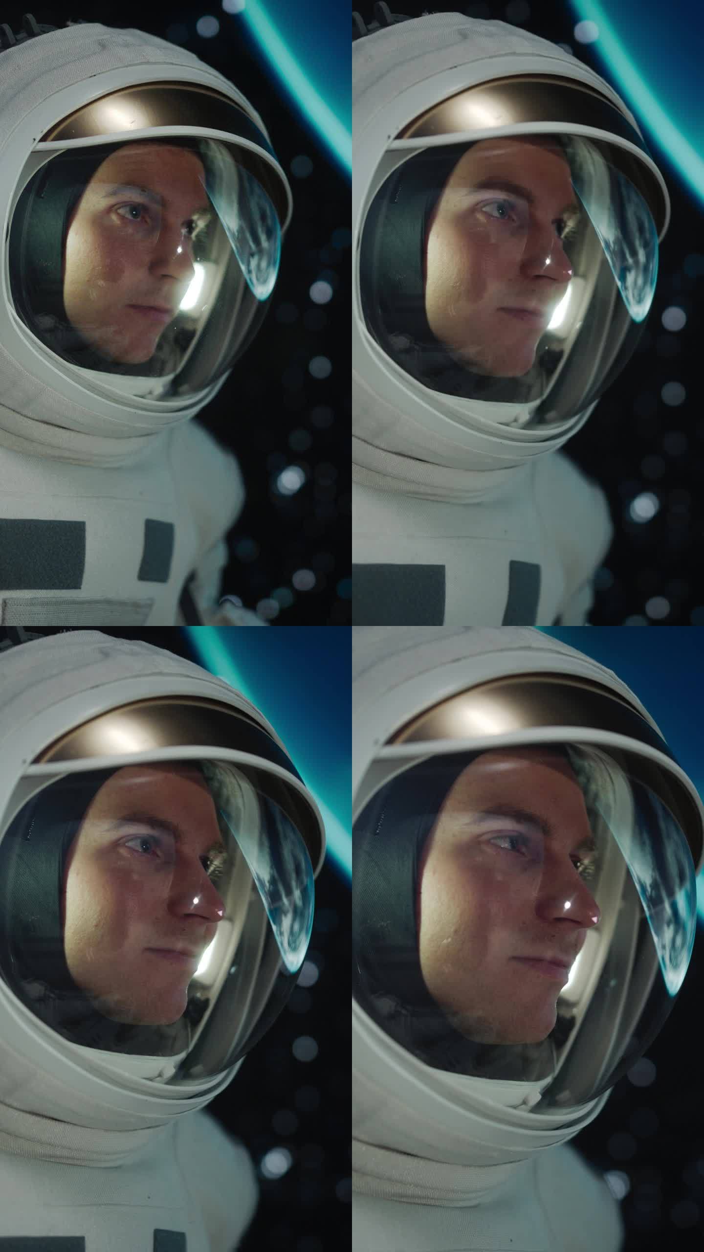 垂直屏幕:男性太空探险家在太空旅行，发现我们宇宙的深处。一个戴着头盔的年轻男子的特写镜头，从太空中看