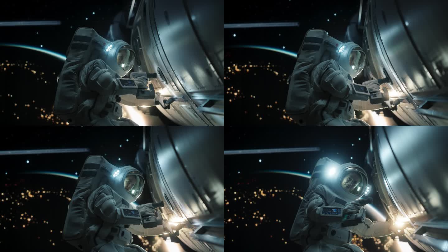 女太空技师用自动螺旋枪修理飞船上的面板。专业宇航员在外太空工作，背景是黑暗的地球