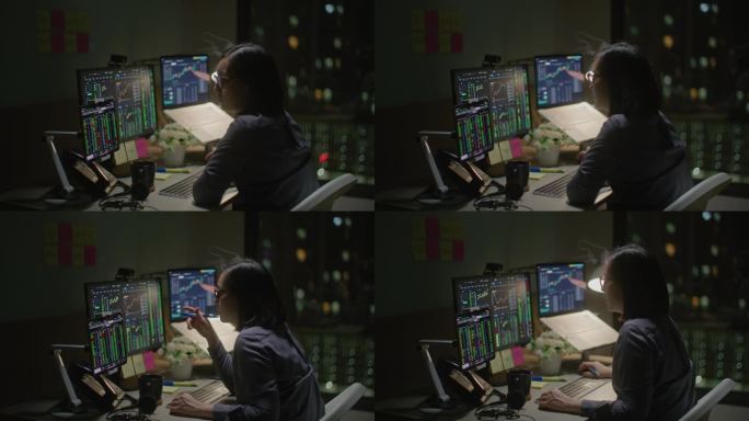 女商人晚上在电脑上分析股市数据