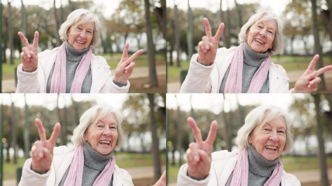 和平，手和高级妇女脸在公园快乐，好心情和积极的户外氛围。V，标志和老太太肖像与表情符号的自由，乐趣和