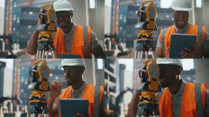 一位英俊的非洲工程师使用光学测量设备的肖像。年轻的黑人男子站在户外，使用经纬仪规划和开发房地产项目