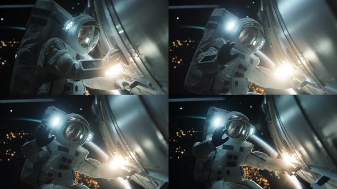 在宇宙飞船、卫星或空间站外太空行走时，一位美丽的宇航员穿着宇航服摆姿势的肖像。女宇航员看着镜头，微笑