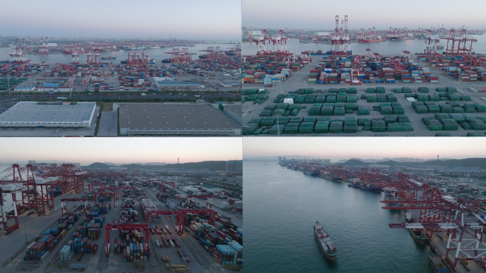 青岛港集装箱货柜码头清晨航拍
