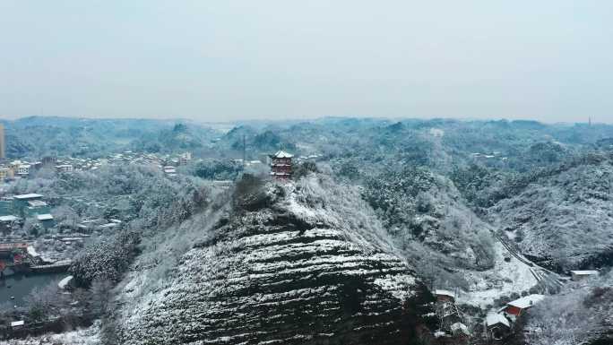 航拍大雪后的桃源县和合亭沅江桃源县雪景