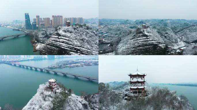 航拍大雪后的桃源县和合亭沅江桃源县雪景