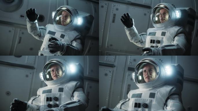 一位勇敢的女宇航员的肖像，戴着头盔和宇航服在太空中，漂浮在零重力中，惊奇地环顾四周。太空旅行、太阳系