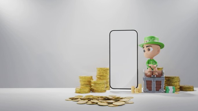 数字财富:小妖精雕像与金币和智能手机白色背景