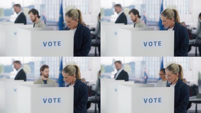 图为欧盟国家选举当天，一位美丽的成年女性在投票站填写选票。在一个欧盟国家，不同的男性和女性投票选举官