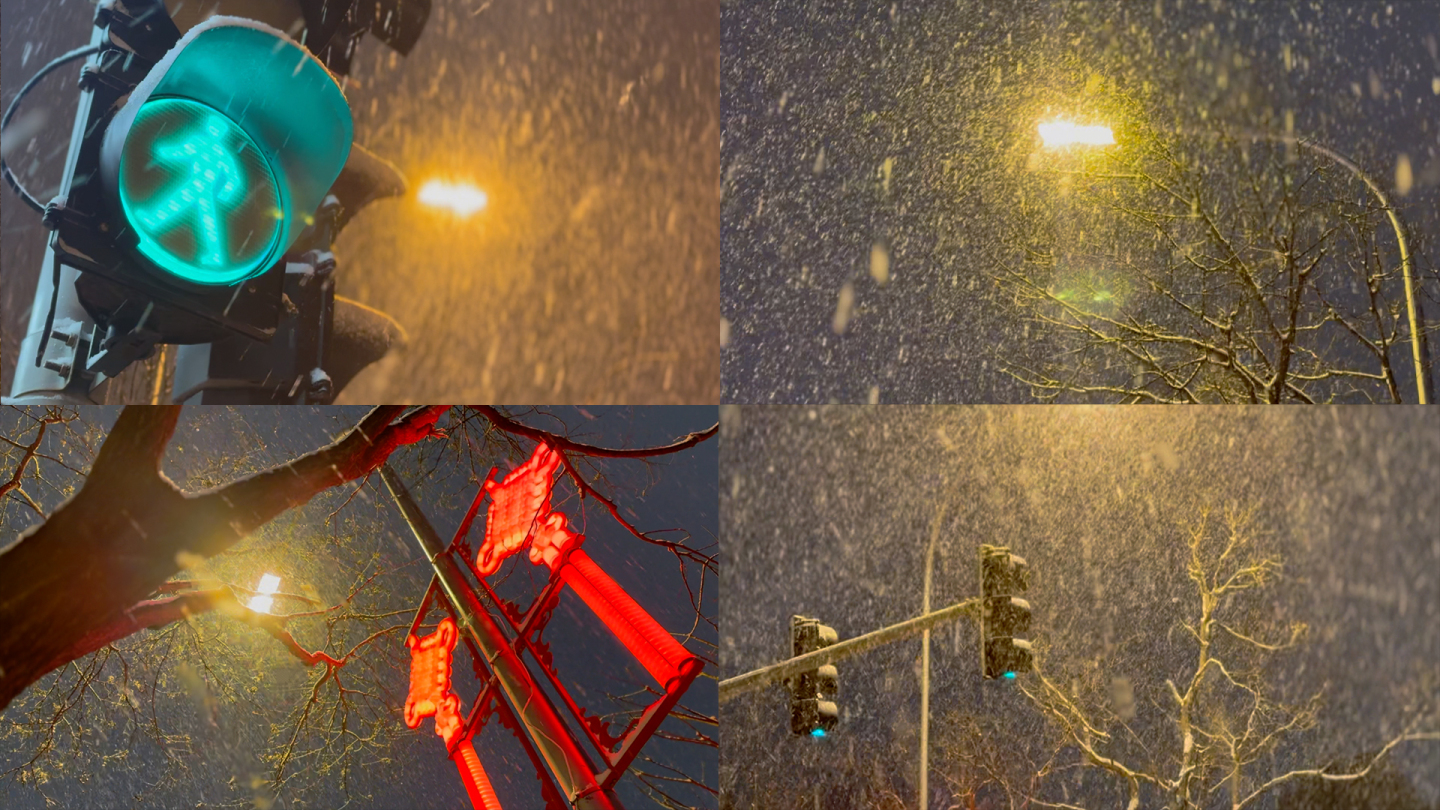 城市夜晚下雪的街道