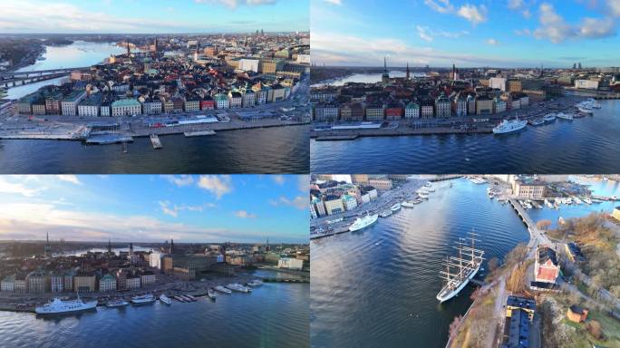 4K瑞典首都航拍，斯德哥尔摩日落