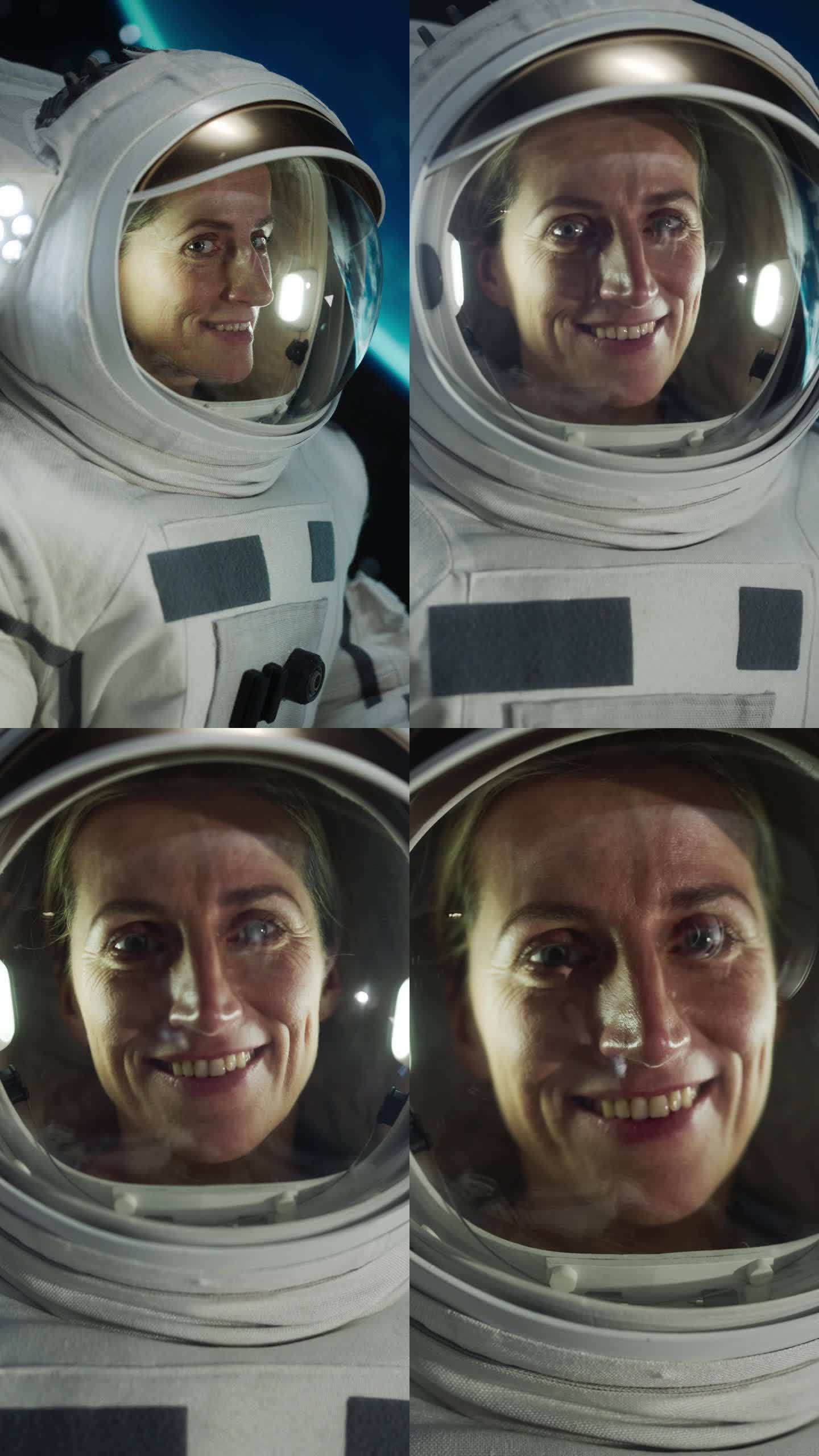 垂直屏幕:在空间站、卫星或宇宙飞船外太空行走时，一名女宇航员穿着宇航服摆姿势的肖像。欢快的女宇航员看