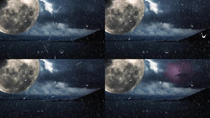 动画雷暴与闪电在天空，一个大月亮在一个阴沉的天空，图形雨的背景。气候正在变化。