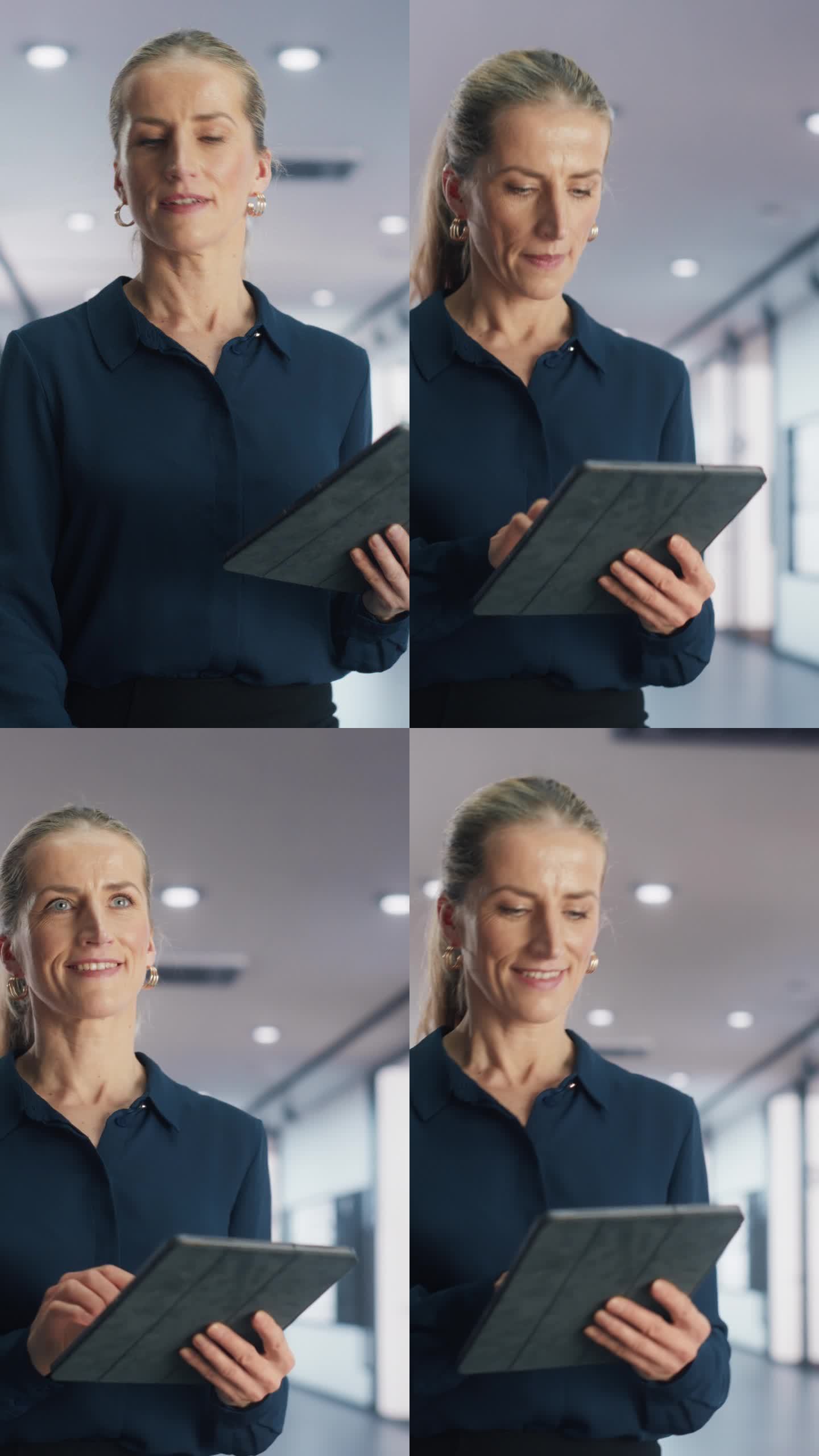 垂直屏幕:一位女商人微笑着在平板电脑上查看财务文件。一个成功的女企业经理漫步在宽敞的现代办公大楼里的