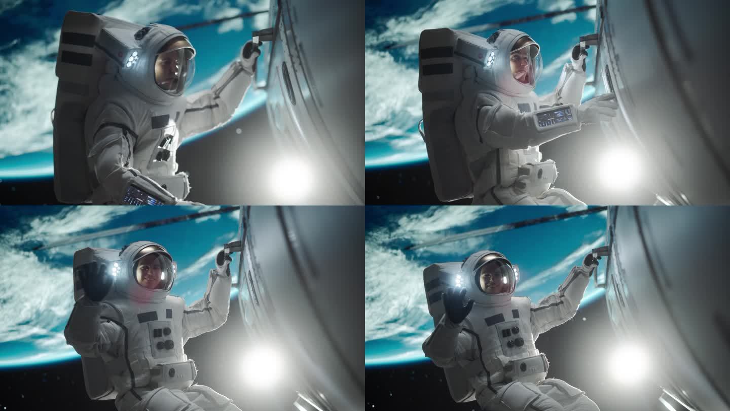 一名勇敢的宇航员漂浮在宇宙飞船外，一只手抓住火箭，另一只手挥手。穿着太空服的职业男子微笑着在镜头前摆