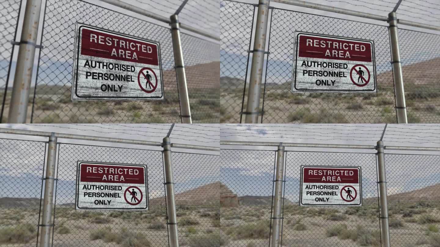 高质量的3D CGI渲染，在沙漠场景中，在一个高度安全的装置上，有一个禁区-授权人员仅限的标志