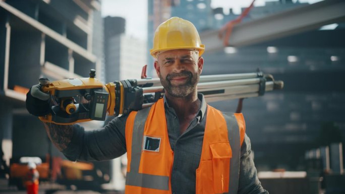 一个英俊的运动土木工程师的肖像，穿着安全背心和安全帽，拿着测量设备，对着镜头微笑。在现代房地产施工现