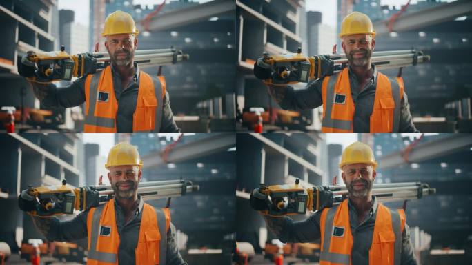 一个英俊的运动土木工程师的肖像，穿着安全背心和安全帽，拿着测量设备，对着镜头微笑。在现代房地产施工现