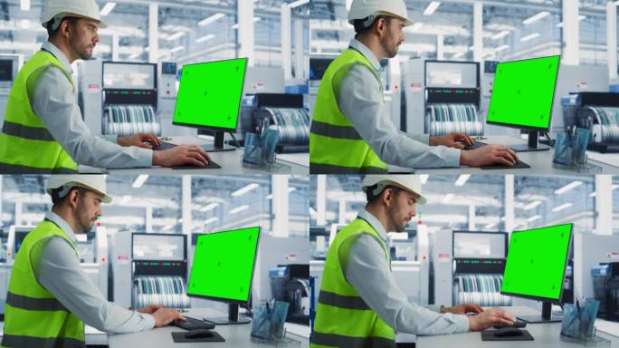 戴着安全帽的白人男性工业工程师在一家电子工厂的台式电脑上工作，电脑上显示着绿屏铬色。技术研发中心。