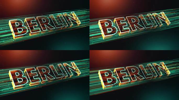 未来的绿色橙色模糊焦点柏林3D透视文本揭示，德国首都虚线粒子微风效果和闪闪发光的灰尘光耀斑