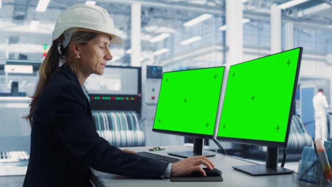 在工厂办公室里，戴着安全帽的白人女技术人员在带有绿屏Chromakey模型显示器的台式电脑上工作。自