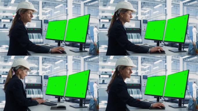 在工厂办公室里，戴着安全帽的白人女技术人员在带有绿屏Chromakey模型显示器的台式电脑上工作。自