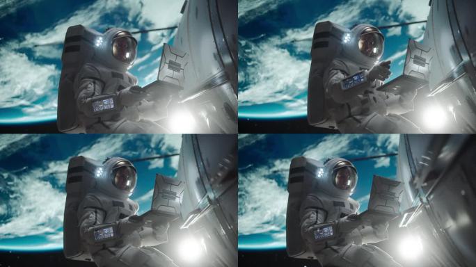 一个穿着太空服的人在维修卫星的同时，在外太空随意地摆弄着笔记本电脑。宇航员写信给任务控制中心，家人或