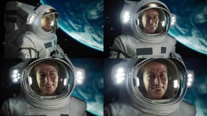 在空间站、卫星或宇宙飞船外太空行走时，一名女宇航员穿着宇航服摆姿势的肖像。欢快的女宇航员看着镜头微笑