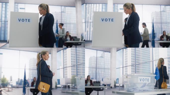 欧洲公民在欧盟国家的选举日参观投票站。女性和男性选民投票并将选票放入透明密封的盒子