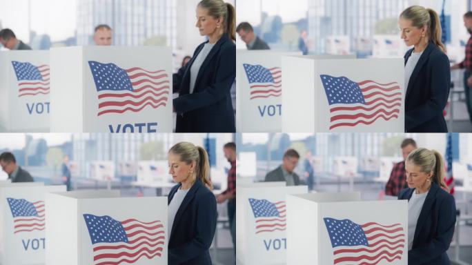 人们履行公民义务，参观现代投票站，在悬挂美国国旗的投票站用选票投票选出的官员。选举日的男人和女人